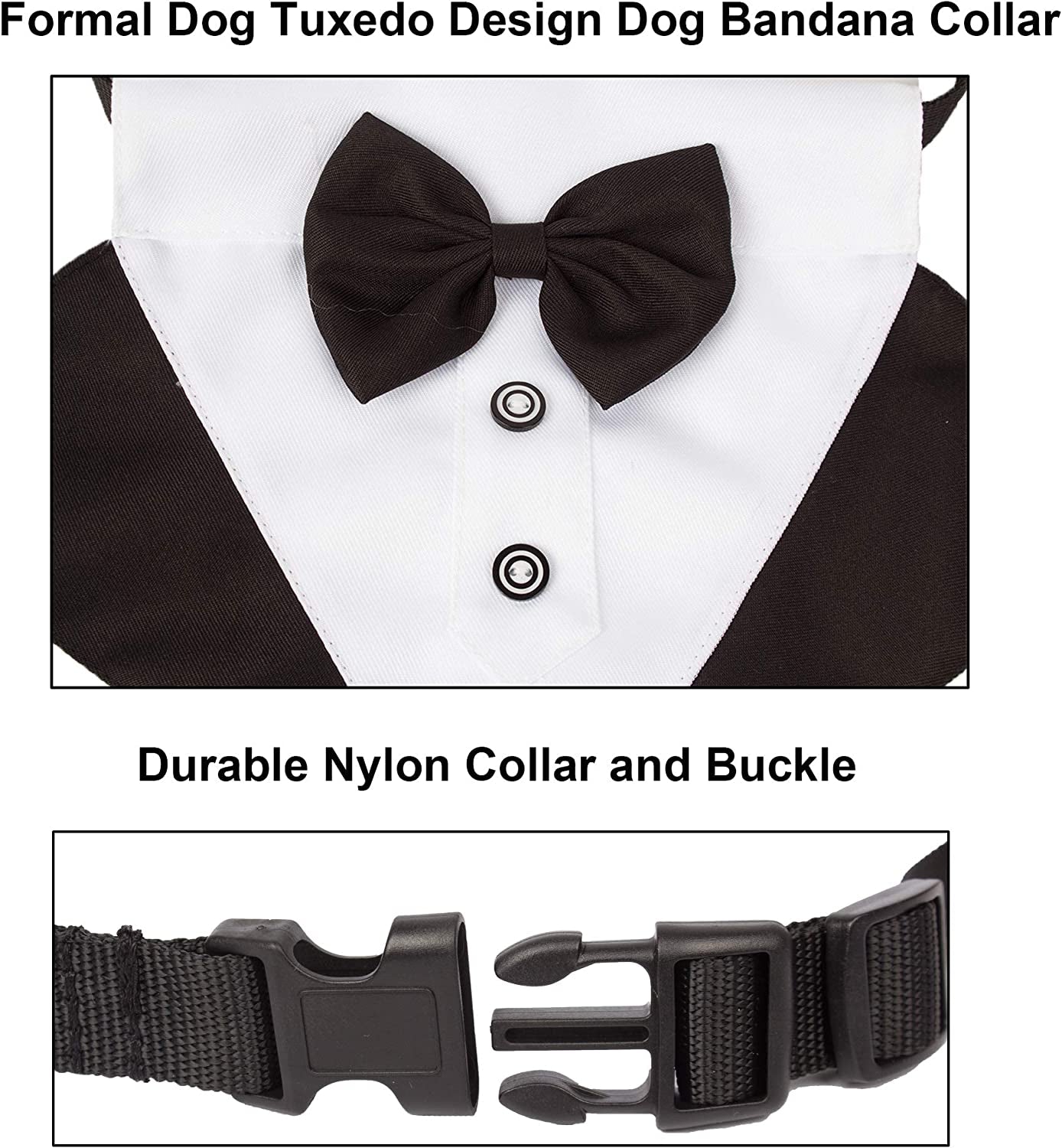 Dog Tuxedo Collar with Bow Tie, Wedding Dog Bandana, Black, Large