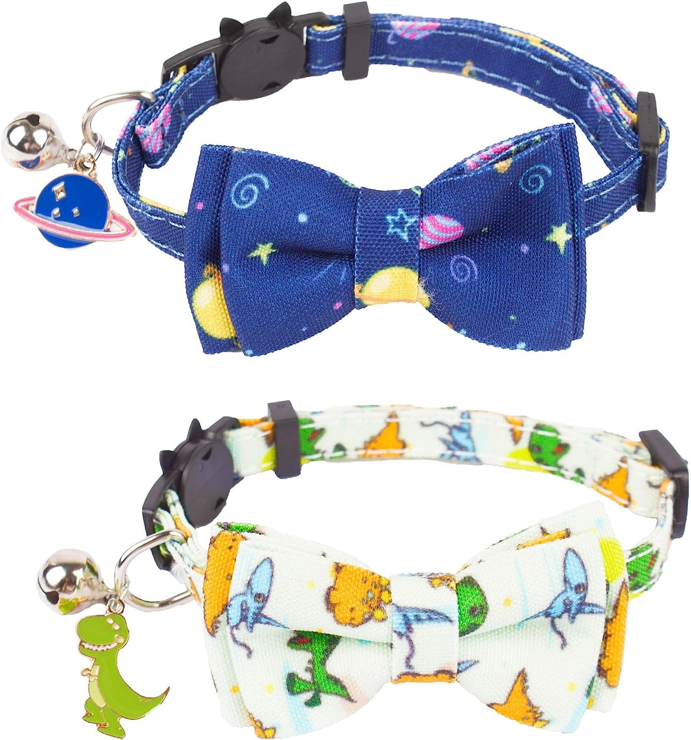 Dinosaur Boy Cat Collar Breakaway with Bow Tie Bell, 2 Pack