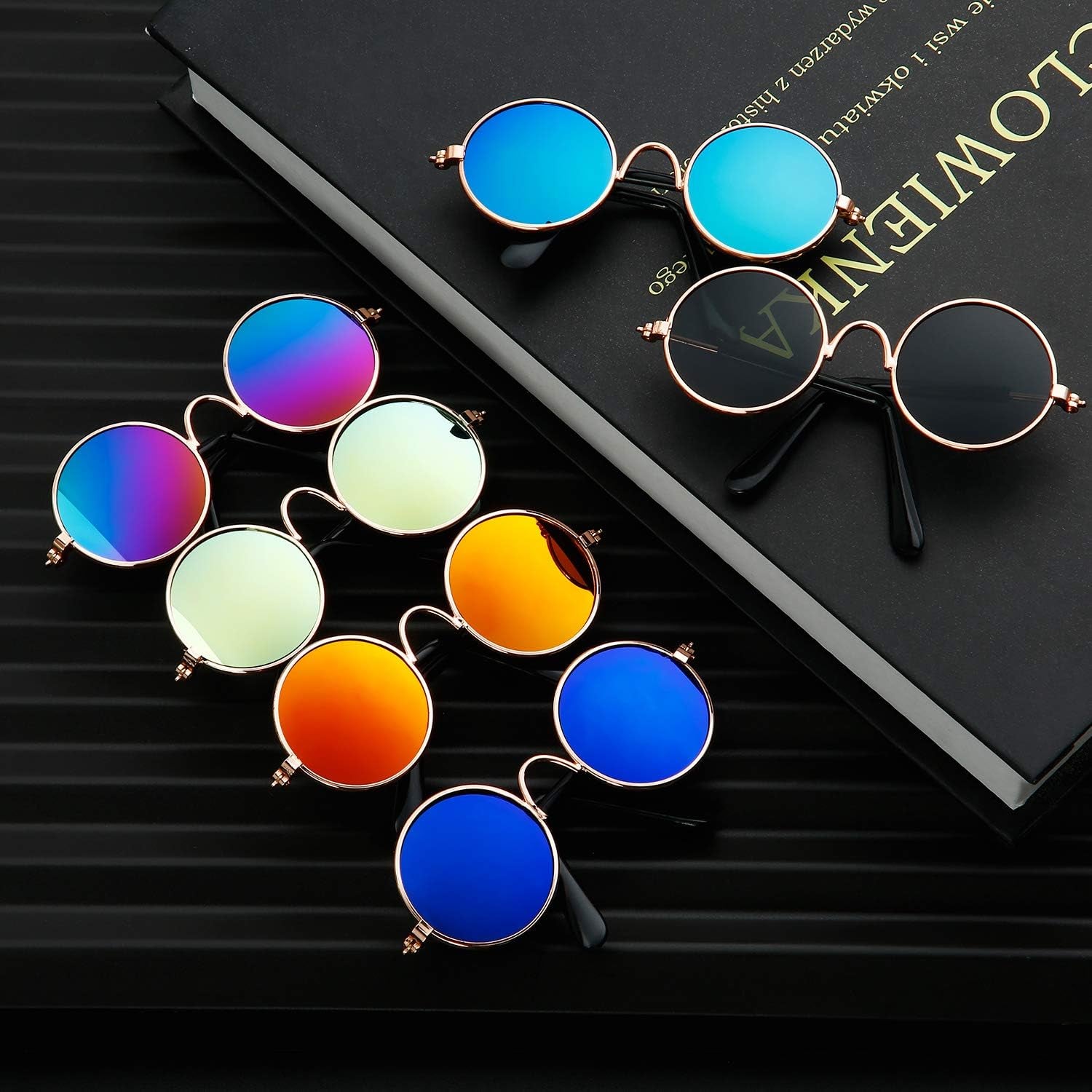 6 Pcs Cat Sunglasses Pet Glasses, Black and Mix Reflective Color