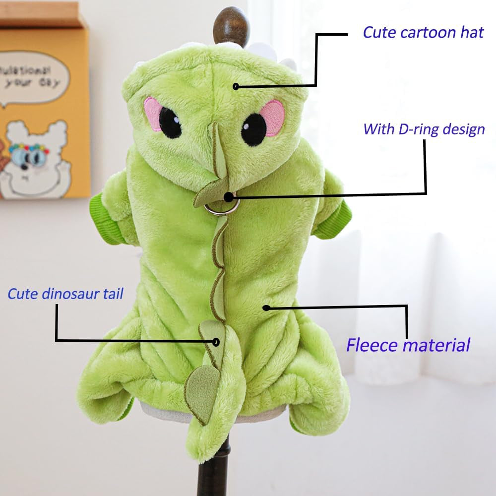 Dinosaur Dog Costume, Winter Dog Pajamas for Small Dogs, Warm Puppy Hoodies, Blue Cold Weather Coat for Cat, Warm Pet Clothes for Christmas Halloween (Green-2, Medium)