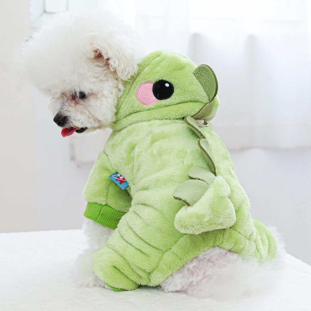 Dinosaur Dog Costume, Winter Dog Pajamas for Small Dogs, Warm Puppy Hoodies, Blue Cold Weather Coat for Cat, Warm Pet Clothes for Christmas Halloween (Green-2, Medium)