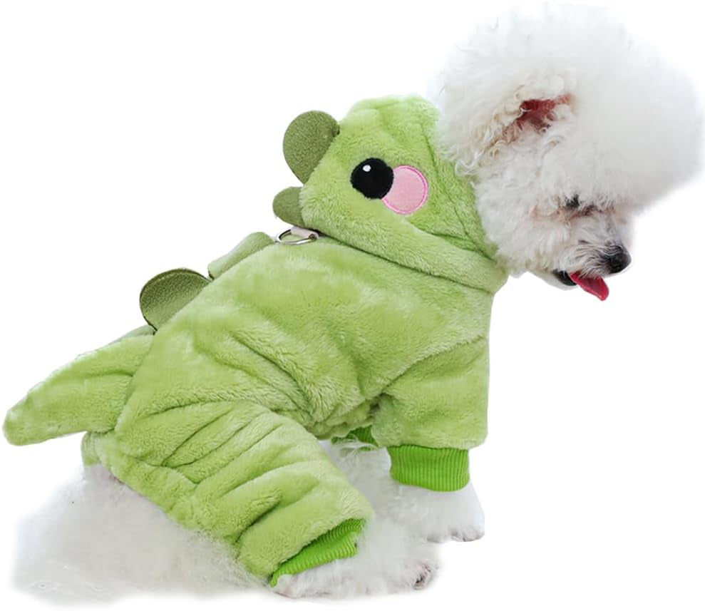 Dinosaur Dog Costume, Winter Dog Pajamas for Small Dogs, Warm Puppy Hoodies, Blue Cold Weather Coat for Cat, Warm Pet Clothes for Christmas Halloween (Green-2, Medium)